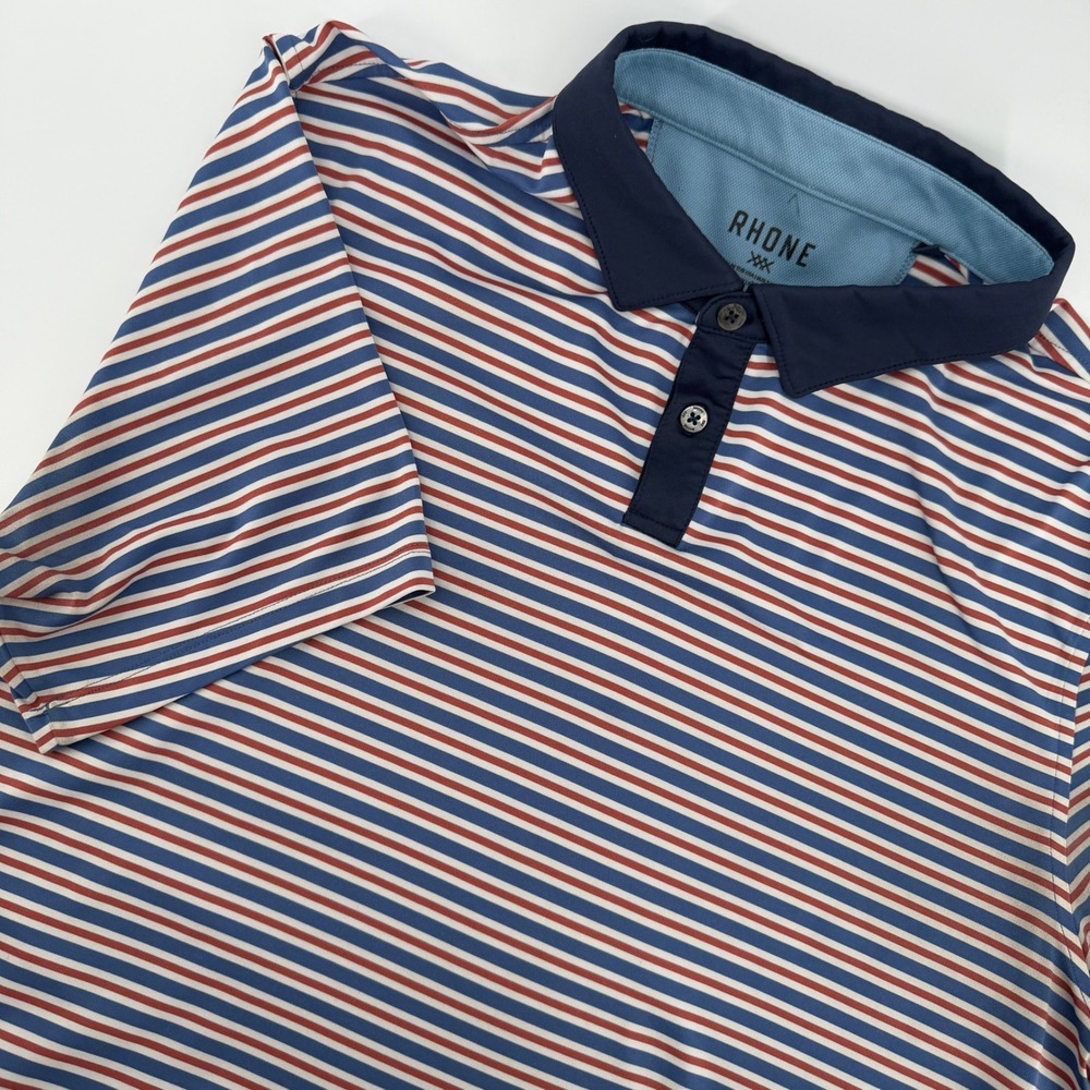 Rhone Polo Shirt Mens Large Blue Red Striped Performance Short Sleeve Golf Work